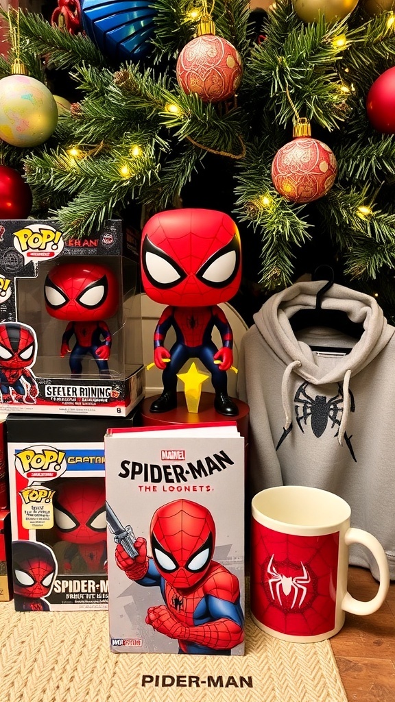 Spider-Man Themed Christmas Gift Ideas for Your Boyfriend A collection of Spider-Man gifts including a Funko Pop, graphic novel, hoodie, and mug under a Christmas tree.